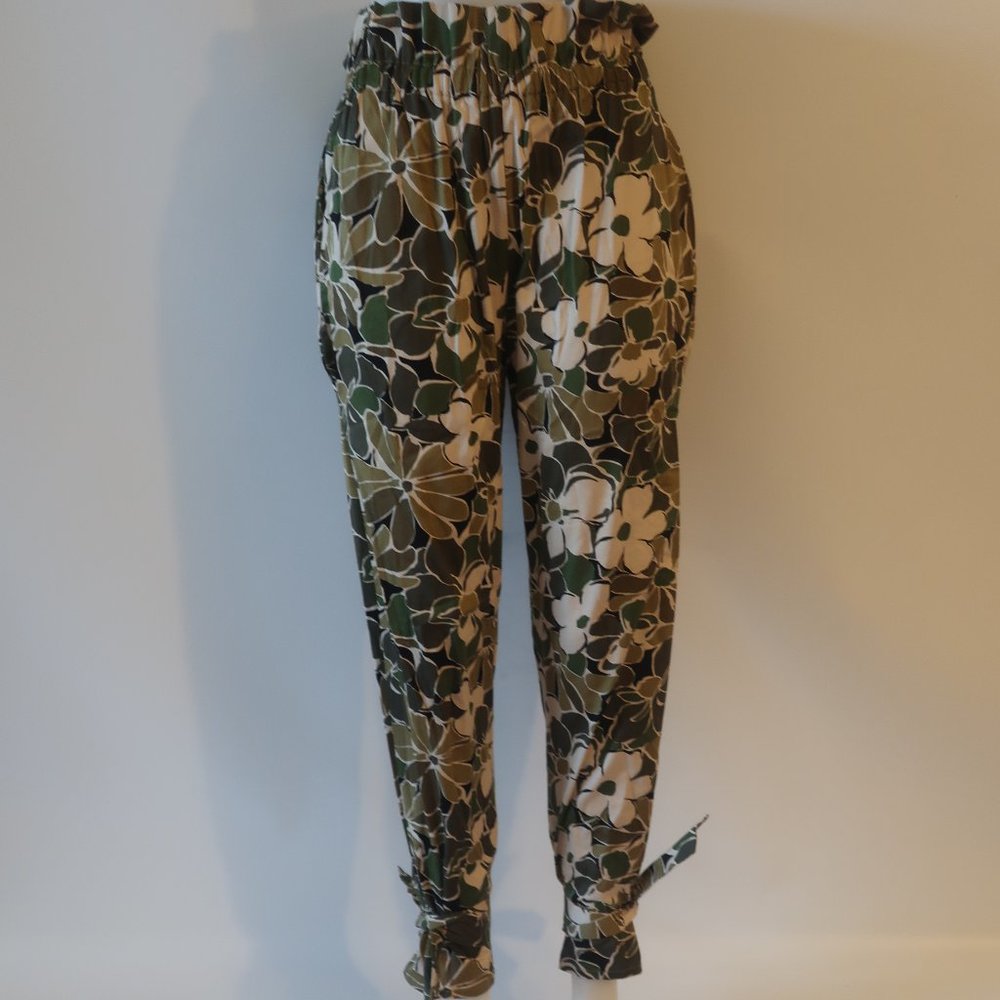 Womens Muze Green, Olive, Beige, Black Floral Elastic Waist Pants M *